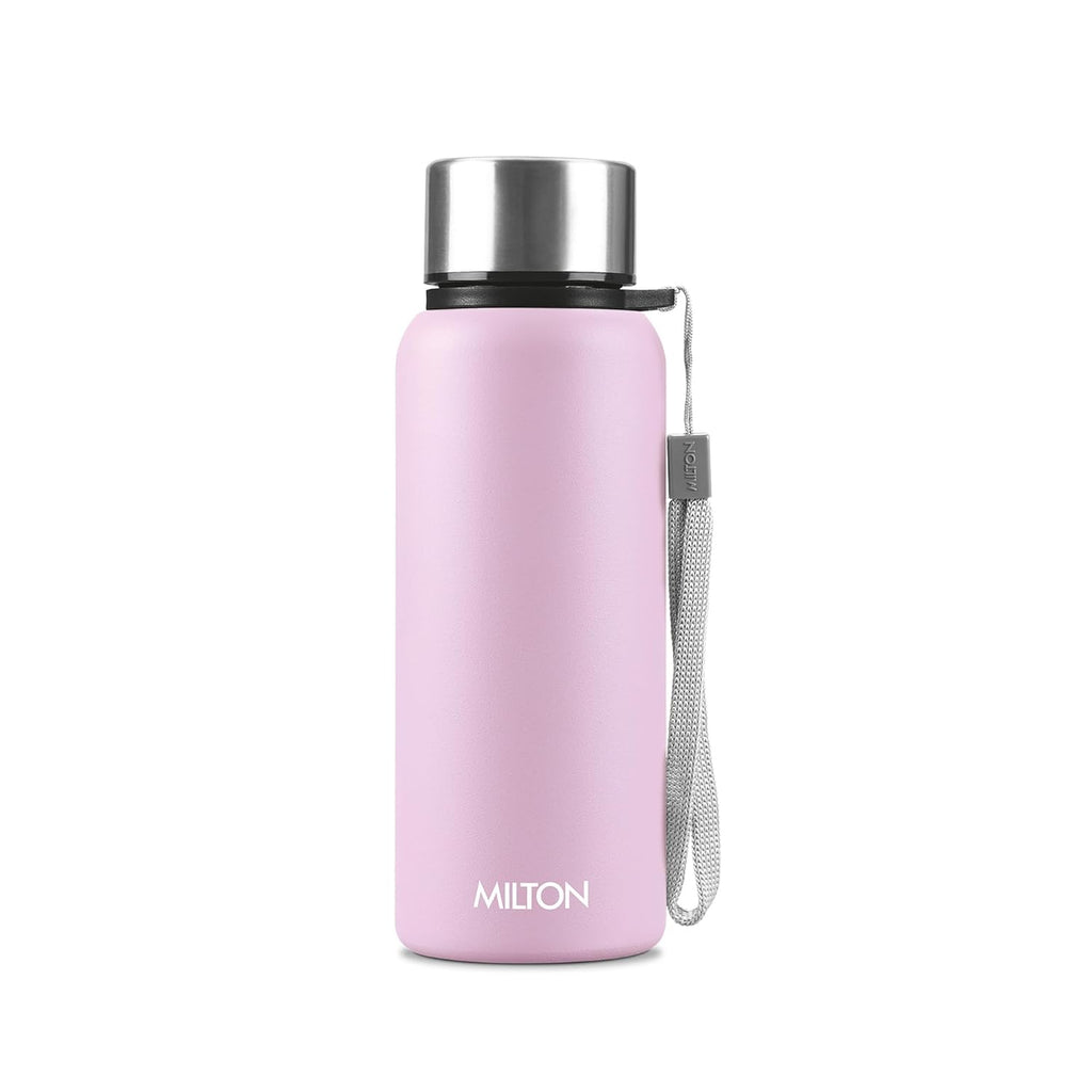 Pink water bottle with silver cap and Milton branding on a white background