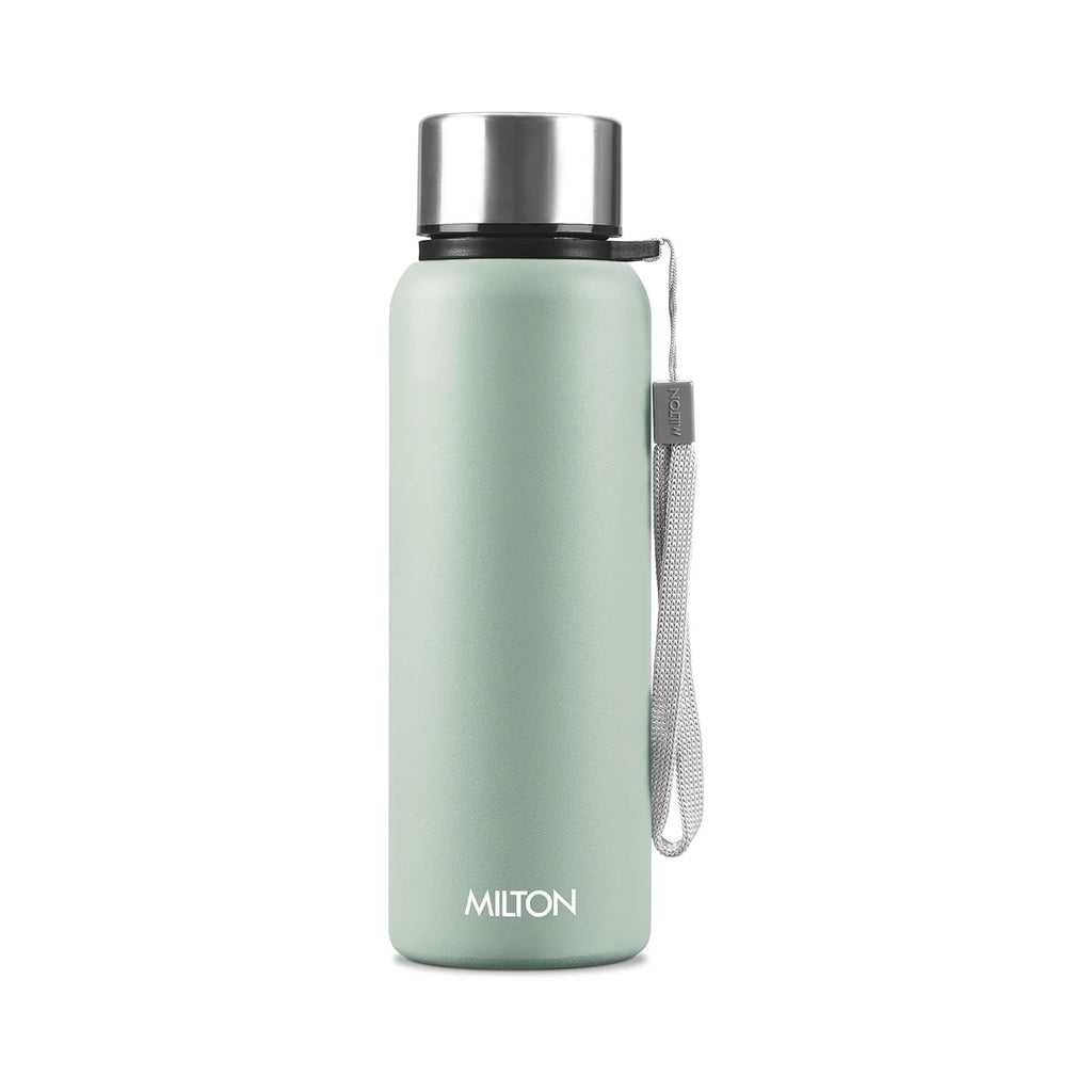 Mint green water bottle with silver cap and handle on a white background