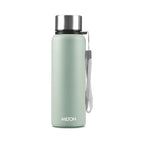 Mint green water bottle with silver cap and handle on a white background